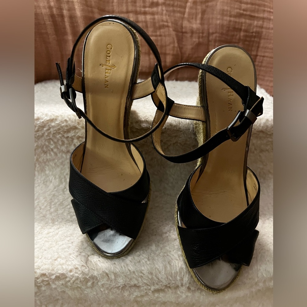 Cole Haan Black leather with a beige wedge peep toe sandal.